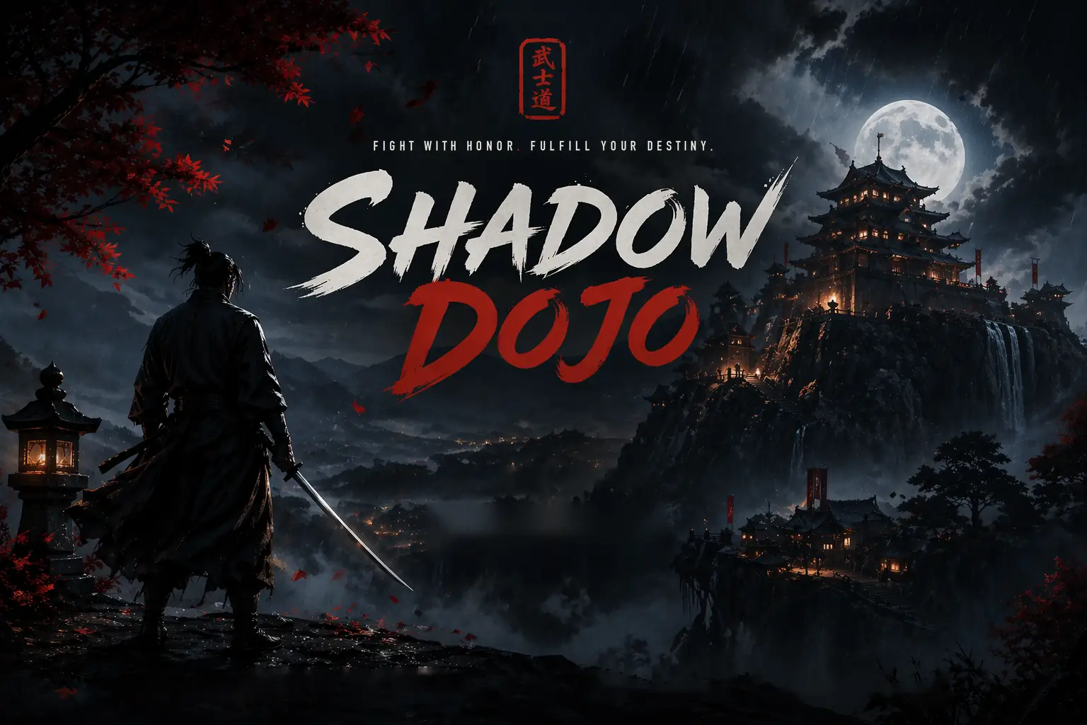 Shadow Dojo – a fighter with a sword looks at a castle on a mountain in the moonlight