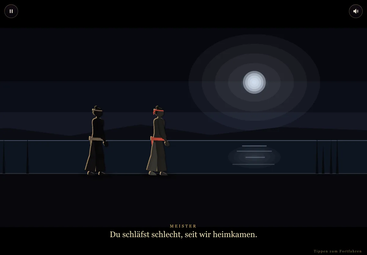 Filmsequenz: Meister und Schüler stehen nachts am Wasser, Untertitel „Du schläfst schlecht, seit wir heimkamen.“